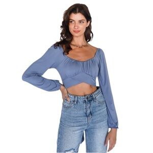 ACTIVE USA Back Tie Puff Long Sleeve Crop Top Steel‎ Blue Purple Size L Shirt